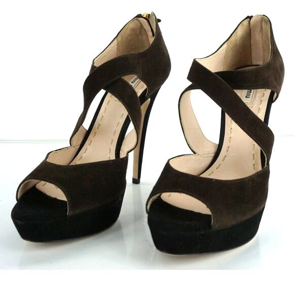 Miu Miu Two Tone Suede Strappy Caged Platform Heel Sandals - Picture 8 of 10